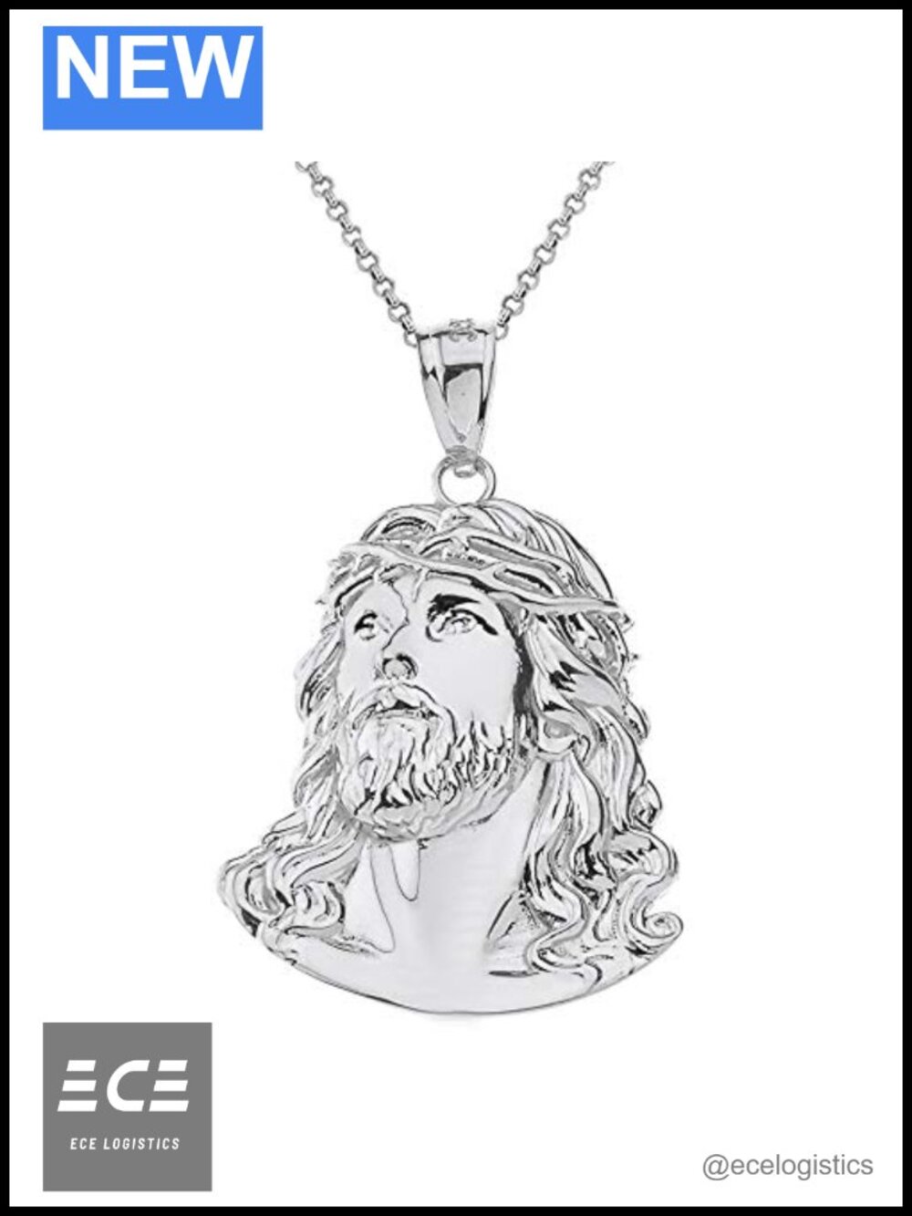 Sterling Silver Face of Christ Jesus Pendant Necklace 20in